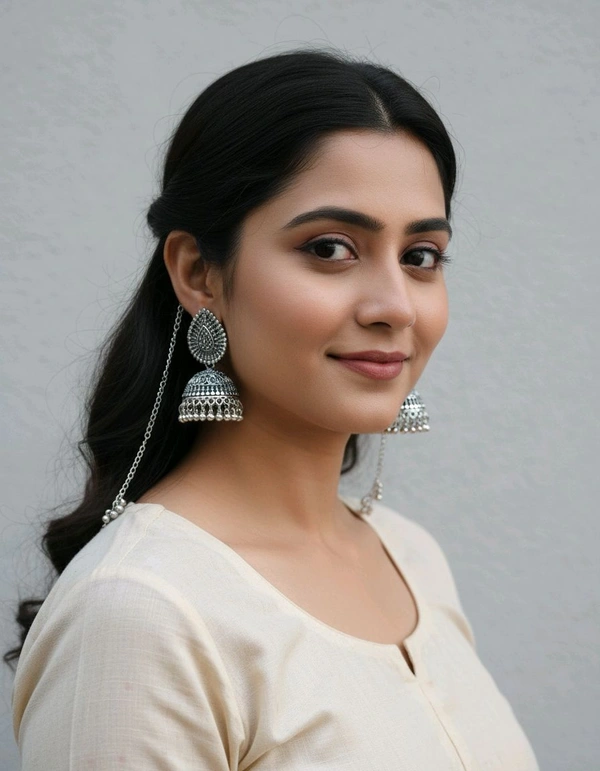 Glevcare Oxidized Silver Traditional Jhumka Earrings with Elegant Ear Chain for Women - Silver