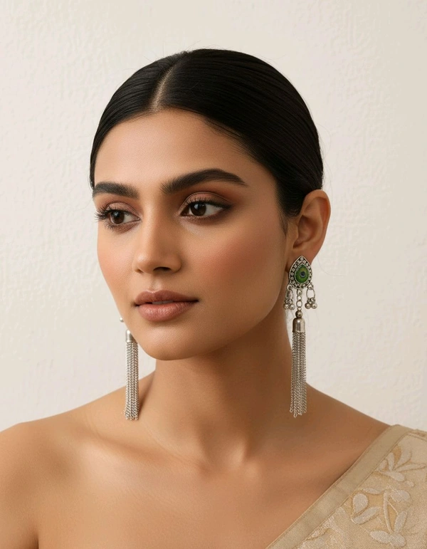 Glevcare Traditional Ethnic Oxidised Silver Chain Drop Earrings – Party & Festive Wear