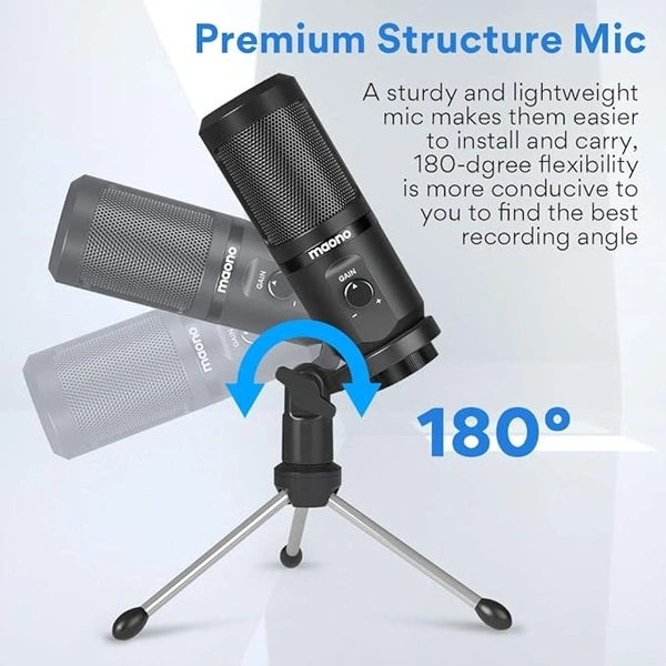 MAONO AU-PM461TR USB Condenser Unidirectional Mic for PC and Singing, Recording Microphone with Mic Gain for Gaming, Podcast, Studio, Vlogging (Black) - Black