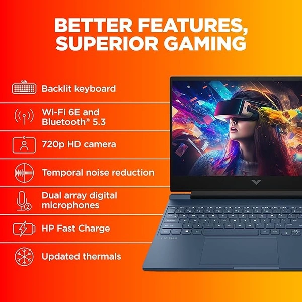 HP Victus Gaming Laptop, 12th Gen Intel Core i5-12450H, 4GB RTX 2050 GPU, 15.6-inch (39.6 cm), FHD, IPS, 144Hz, 8GB DDR4, 512GB SSD, Backlit KB, B&O, Dual Speakers (MSO, Blue, 2.37 kg), fa1132TX - Blue