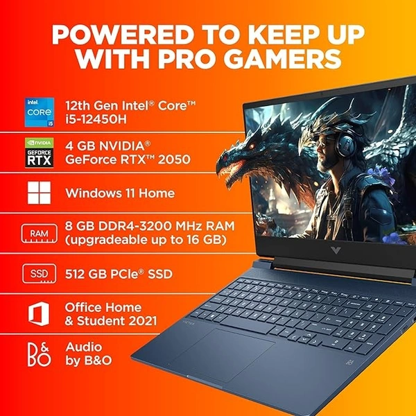 HP Victus Gaming Laptop, 12th Gen Intel Core i5-12450H, 4GB RTX 2050 GPU, 15.6-inch (39.6 cm), FHD, IPS, 144Hz, 8GB DDR4, 512GB SSD, Backlit KB, B&O, Dual Speakers (MSO, Blue, 2.37 kg), fa1132TX - Blue