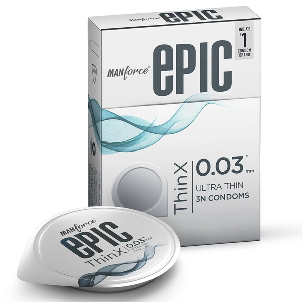 Mankind Pharma Epic ThinX Ultra Thin Condoms for Men - 3 Count| 0.03mm| Vegan| No Harsh Chemicals| With Disposable Pouch| Easy Peel Pack