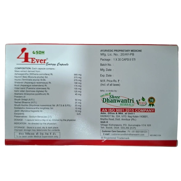 Shree Dhanwantri Herbals SDH Naturals 4Ever Energy Capsule (30Caps)