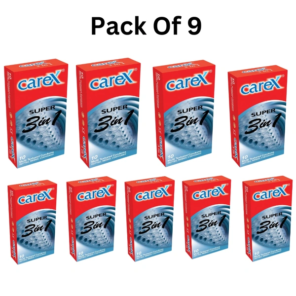 Coral Healthcare Carex Super 3 In 1 Multi Textured Condoms Dotted, Ribbed and Contoured (90n.) - 90 Condoms