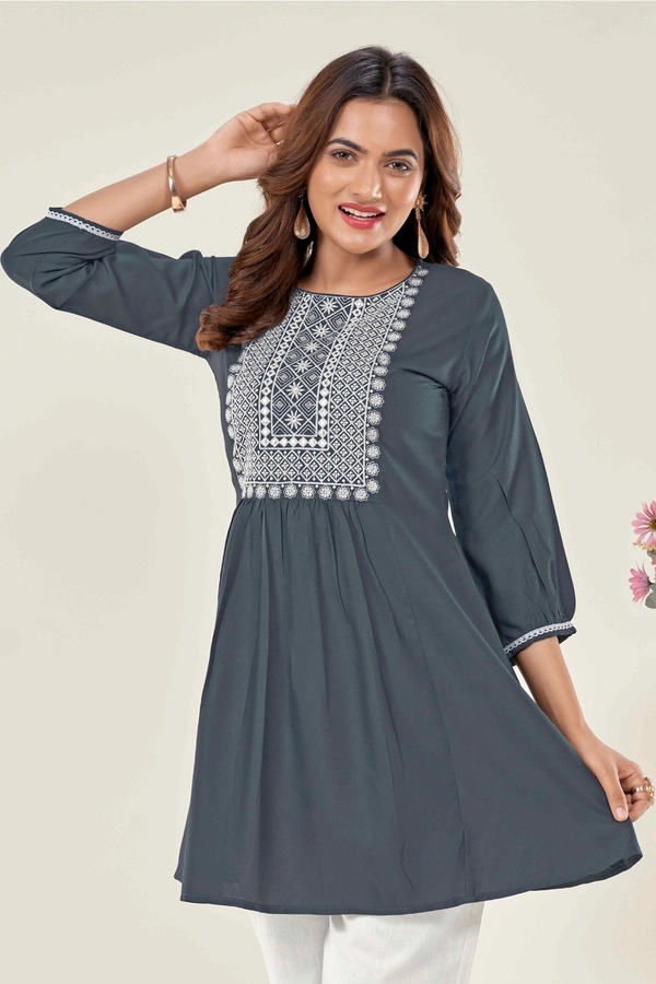 99 Fashion Bazaar Casual Wear Embroidered Flaired Top - Gray, S