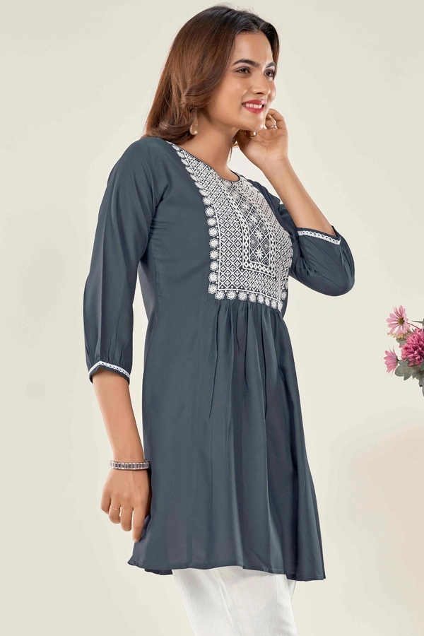 99 Fashion Bazaar Casual Wear Embroidered Flaired Top - Gray, XS