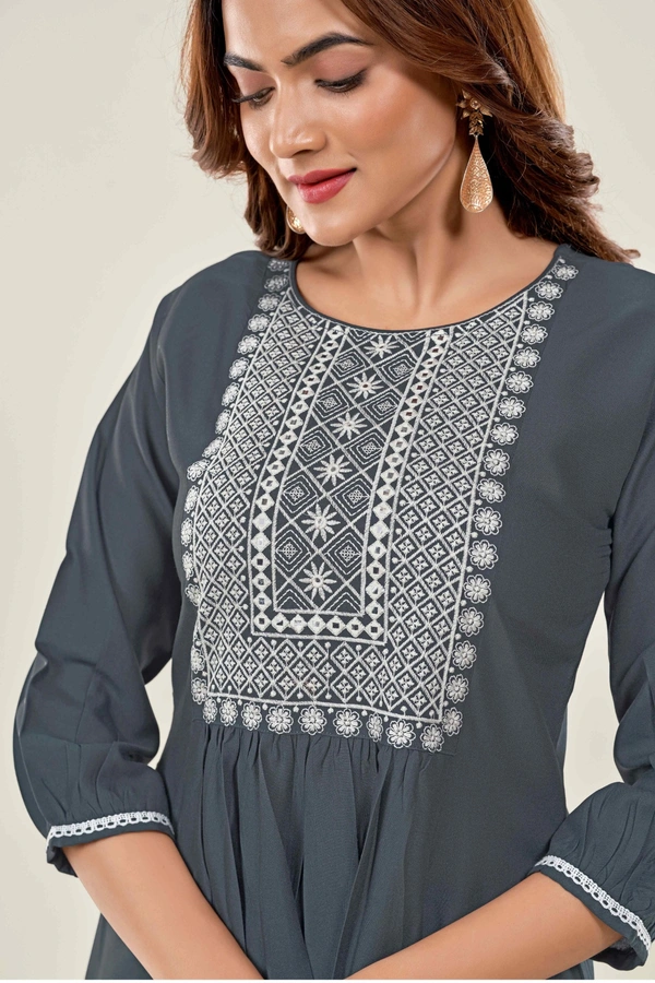 99 Fashion Bazaar Casual Wear Embroidered Flaired Top - Gray, XXL