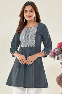 99 Fashion Bazaar Casual Wear Embroidered Flaired Top - Gray, S