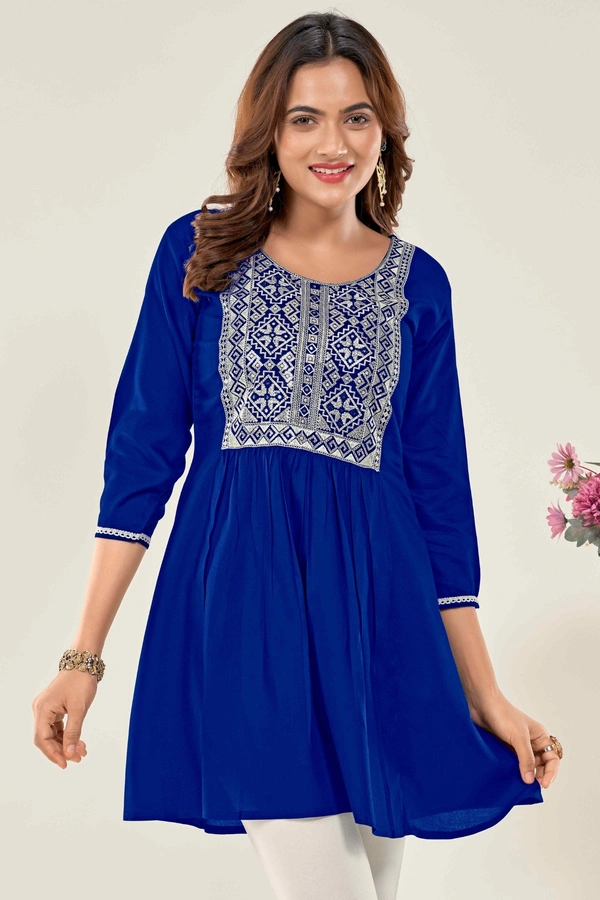99 Fashion Bazaar Casual Wear Embroidered Flaired Top - Blue, XL