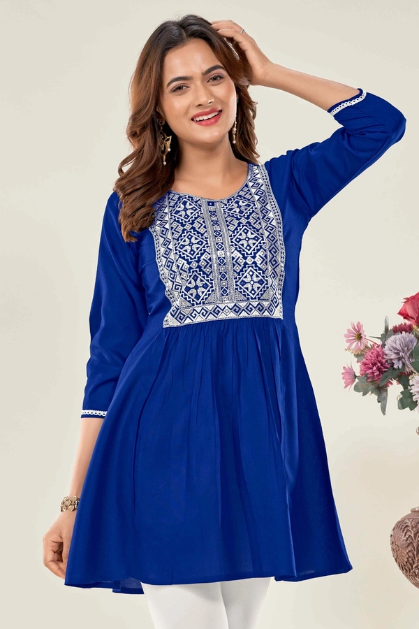 99 Fashion Bazaar Casual Wear Embroidered Flaired Top - Blue, XXL