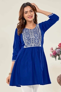 99 Fashion Bazaar Casual Wear Embroidered Flaired Top - Blue, S