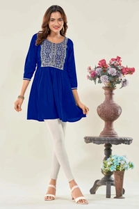 99 Fashion Bazaar Casual Wear Embroidered Flaired Top - Blue, S