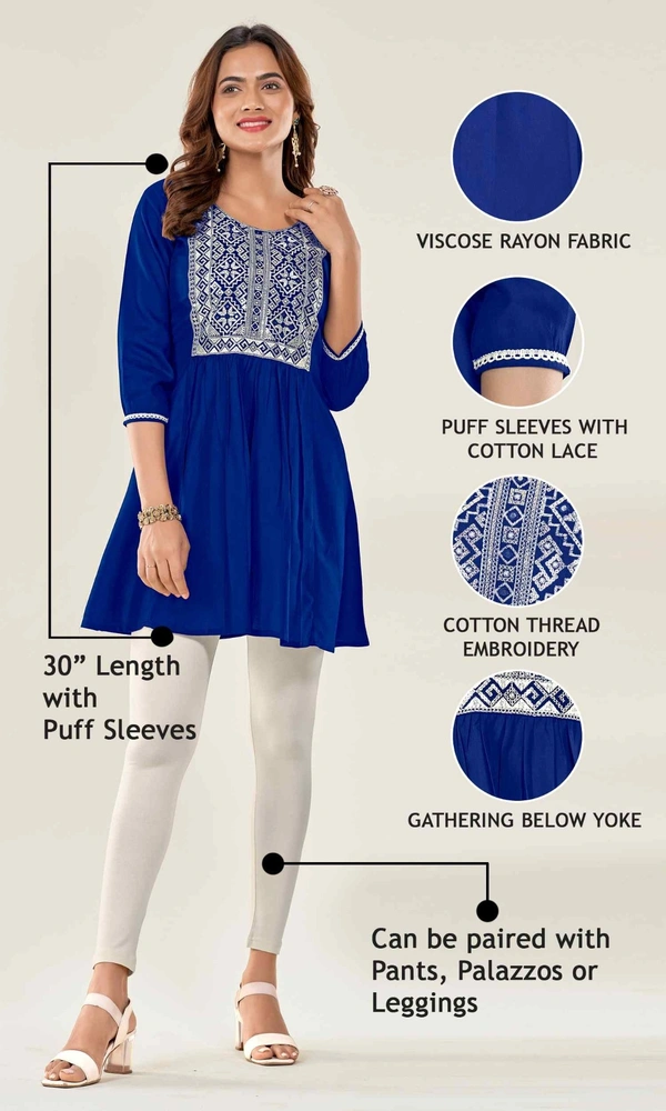 99 Fashion Bazaar Casual Wear Embroidered Flaired Top - Blue, XXL