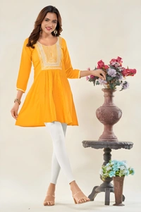 99 Fashion Bazaar Casual Wear Embroidered Flaired Top - Corn, XS