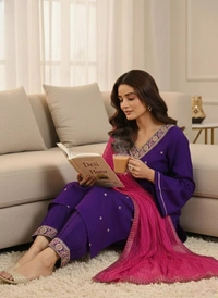 DESI HOOR Women's Embroidered Purple Kurta, Pant & Printed Dupatta Set - Purple, S