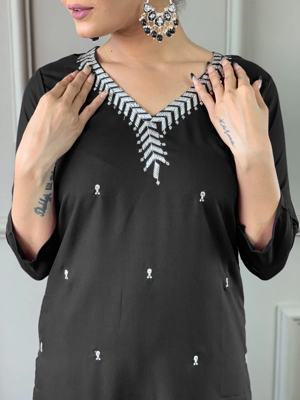99 Fashion Bazaar Emborierded Kurti Set in Rayon with Embroidery Neck Yoke and Dupatta. - Black, XL