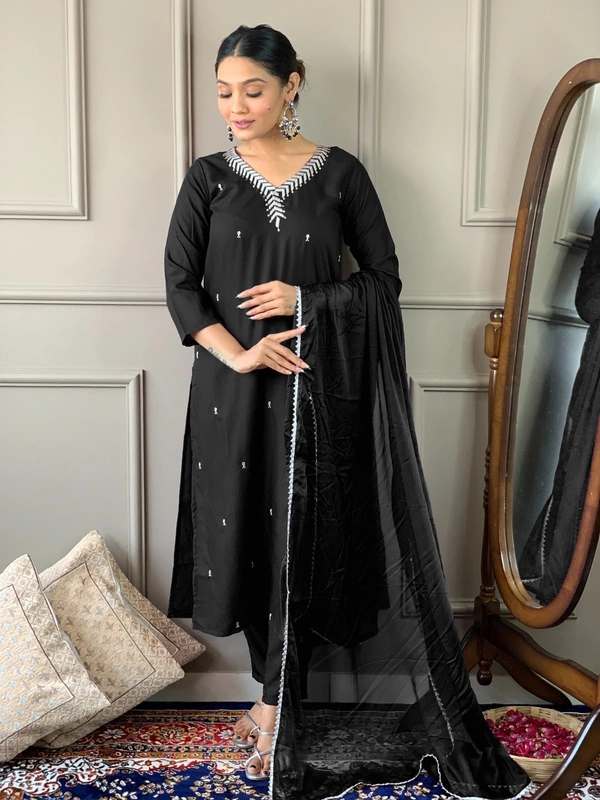 99 Fashion Bazaar Emborierded Kurti Set in Rayon with Embroidery Neck Yoke and Dupatta. - Black, L