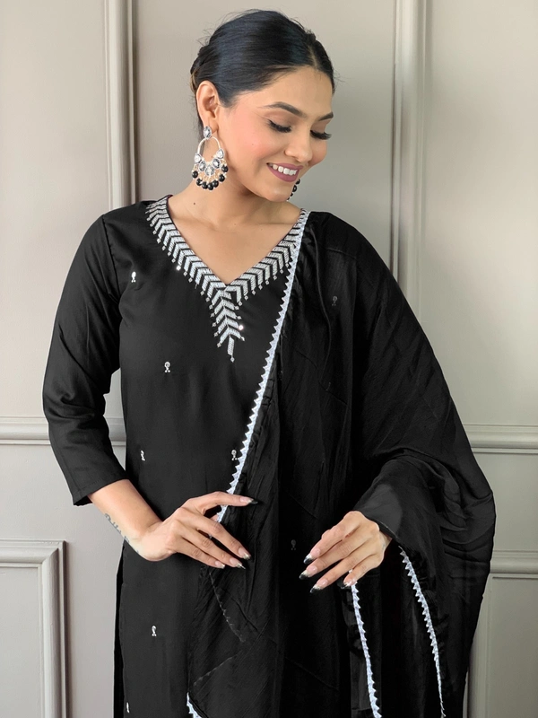 99 Fashion Bazaar Emborierded Kurti Set in Rayon with Embroidery Neck Yoke and Dupatta. - Black, XL