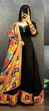DESIHOOR Women's Heavy Embroidered Anarkali Suit with Multicolor Printed Dupatta - Black, XL