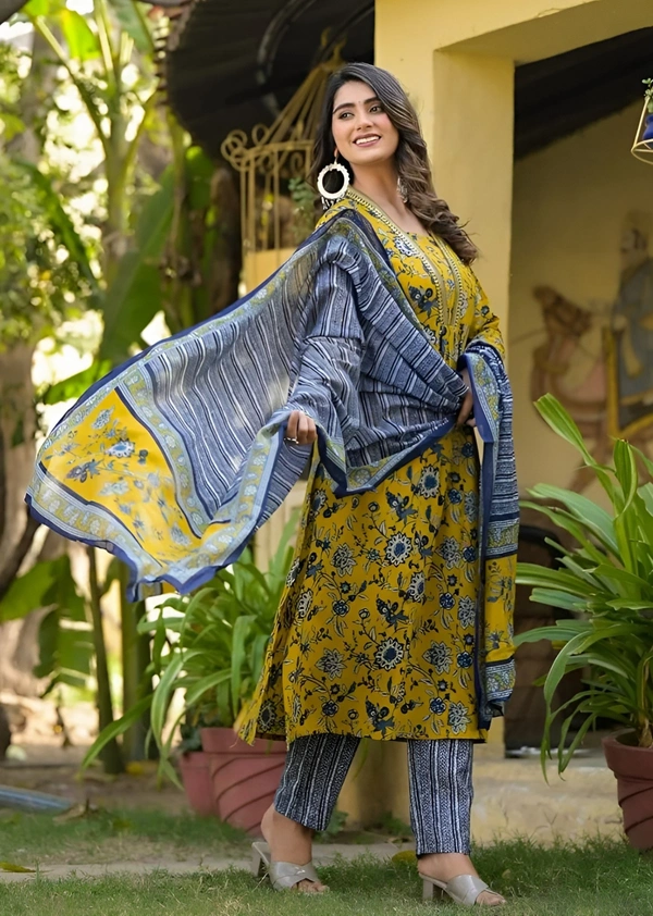 99 Fashion Bazaar Mustard Chanderi Suite Set In Printed With Dupatta - Pear, XXL