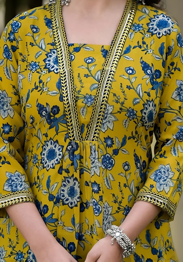 99 Fashion Bazaar Mustard Chanderi Suite Set In Printed With Dupatta - Pear, XXL