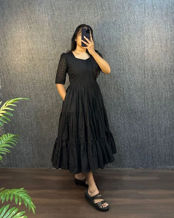 DESIHOOR Women's Solid Black Cotton Eyelet Fit & Flare Dress - Black, M