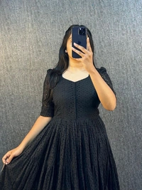 DESIHOOR Women's Solid Black Cotton Eyelet Fit & Flare Dress - Black, M