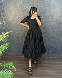 DESIHOOR Women's Solid Black Cotton Eyelet Fit & Flare Dress - Black, M