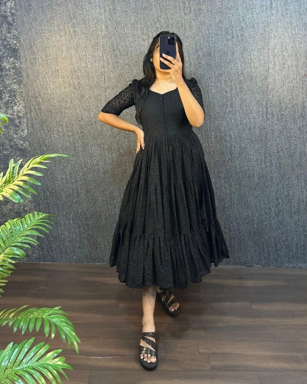 DESIHOOR Women's Solid Black Cotton Eyelet Fit & Flare Dress - Black, M