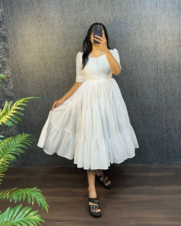 DESIHOOR Women's Solid White Cotton Eyelet Fit & Flare Dress - White, L