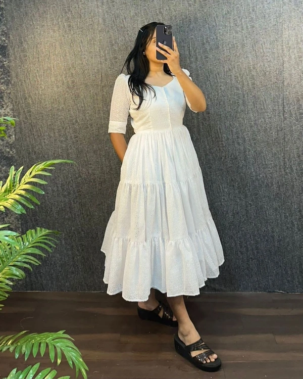 DESIHOOR Women's Solid White Cotton Eyelet Fit & Flare Dress - White, L