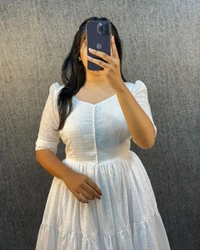 DESIHOOR Women's Solid White Cotton Eyelet Fit & Flare Dress - White, L