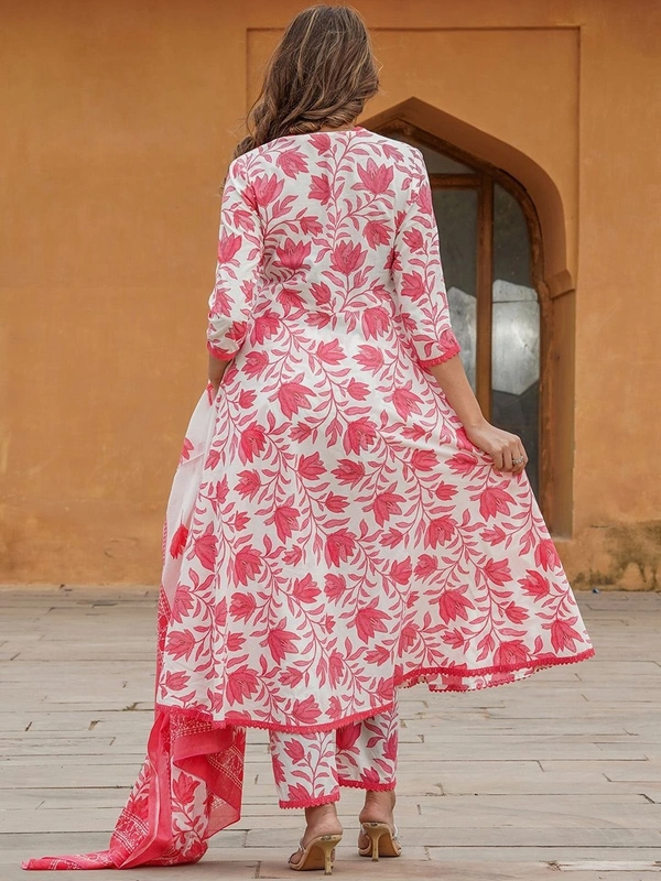 DESI HOOR Women’s White & Pink Cotton Floral Printed Kurta Set with Dupatta - Wild Watermelon, M