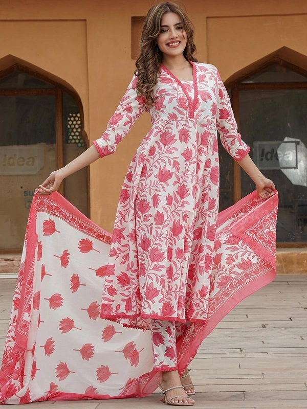 DESI HOOR Women’s White & Pink Cotton Floral Printed Kurta Set with Dupatta - Wild Watermelon, M