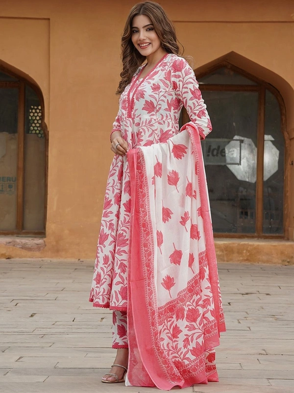 DESI HOOR Women’s White & Pink Cotton Floral Printed Kurta Set with Dupatta - Wild Watermelon, M