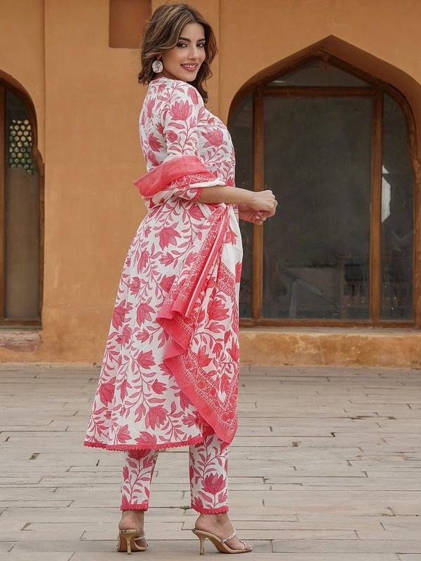 DESI HOOR Women’s White & Pink Cotton Floral Printed Kurta Set with Dupatta - Wild Watermelon, M