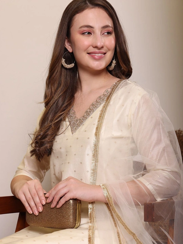 DESIHOOR Women's Embroidered Chanderi Silk Kurta with Pant & Dupatta Set - Twilight, XL