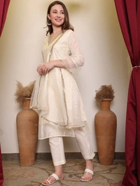 DESIHOOR Women's Embroidered Chanderi Silk Kurta with Pant & Dupatta Set - Twilight, XL