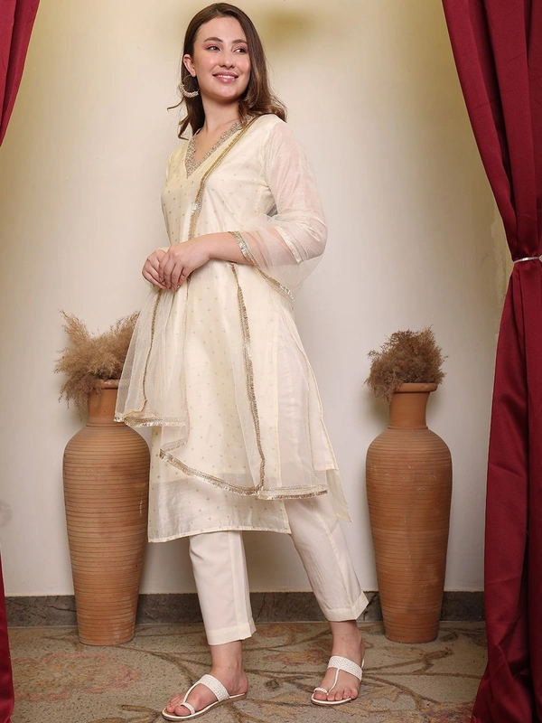 DESIHOOR Women's Embroidered Chanderi Silk Kurta with Pant & Dupatta Set - Twilight, XL