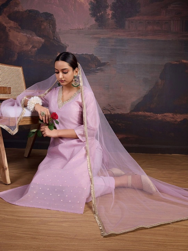 DESIHOOR Women's Embroidered Chanderi Silk Kurta with Pant & Dupatta Set - Heliotrope, XXL