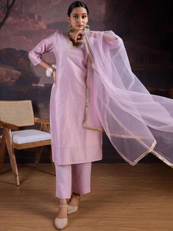 DESIHOOR Women's Embroidered Chanderi Silk Kurta with Pant & Dupatta Set - Heliotrope, XXL