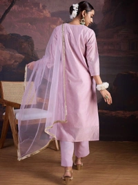 DESIHOOR Women's Embroidered Chanderi Silk Kurta with Pant & Dupatta Set - Heliotrope, M