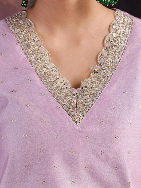 DESIHOOR Women's Embroidered Chanderi Silk Kurta with Pant & Dupatta Set - Heliotrope, L
