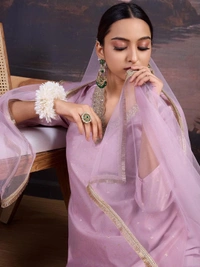 DESIHOOR Women's Embroidered Chanderi Silk Kurta with Pant & Dupatta Set - Heliotrope, L