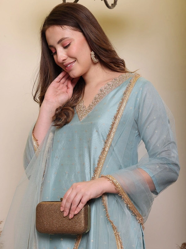 DESIHOOR Women's Embroidered Chanderi Silk Kurta with Pant & Dupatta Set - Breaker Bay, XL