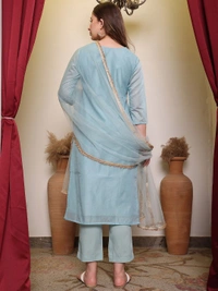 DESIHOOR Women's Embroidered Chanderi Silk Kurta with Pant & Dupatta Set - Breaker Bay, XL