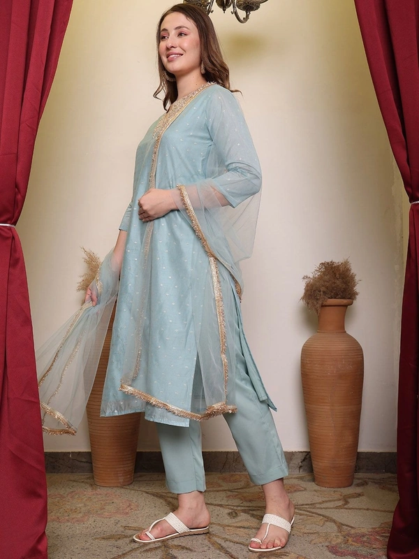 DESIHOOR Women's Embroidered Chanderi Silk Kurta with Pant & Dupatta Set - Breaker Bay, XL