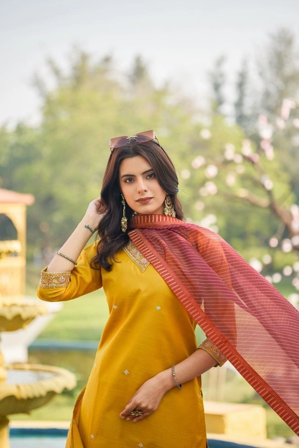 DESI HOOR Mustard Embroidered Straight Kurta Set with Pant & Contrast Dupatta - Bird Flower, S