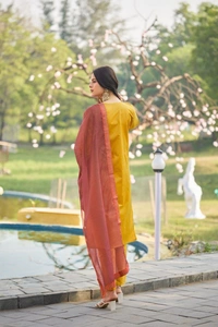 DESI HOOR Mustard Embroidered Straight Kurta Set with Pant & Contrast Dupatta - Bird Flower, S
