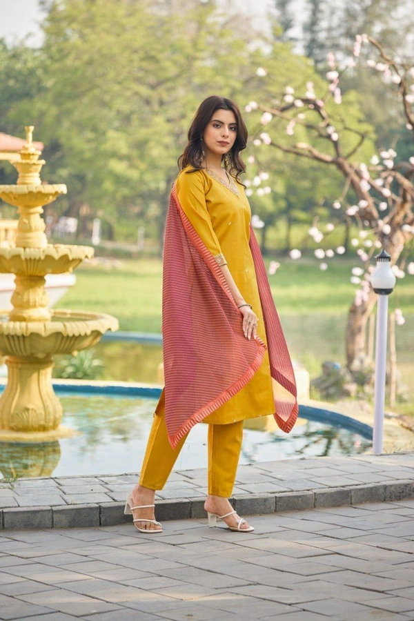 DESI HOOR Mustard Embroidered Straight Kurta Set with Pant & Contrast Dupatta - Bird Flower, S